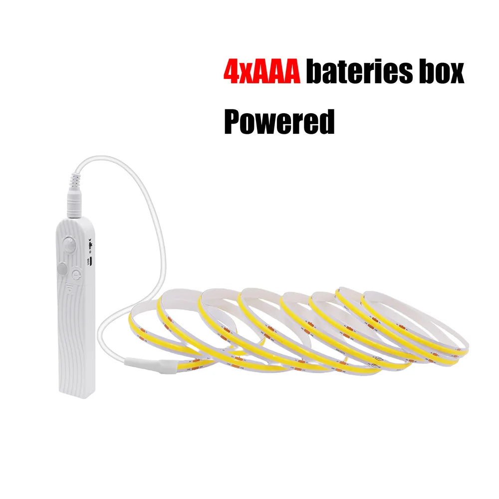Motion Sensor Led COB Light Strip Battery USB Power 5V Auto ON/OFF Liner Lighting Cabinet Wardrobe Kitchen Staircase Nightlights