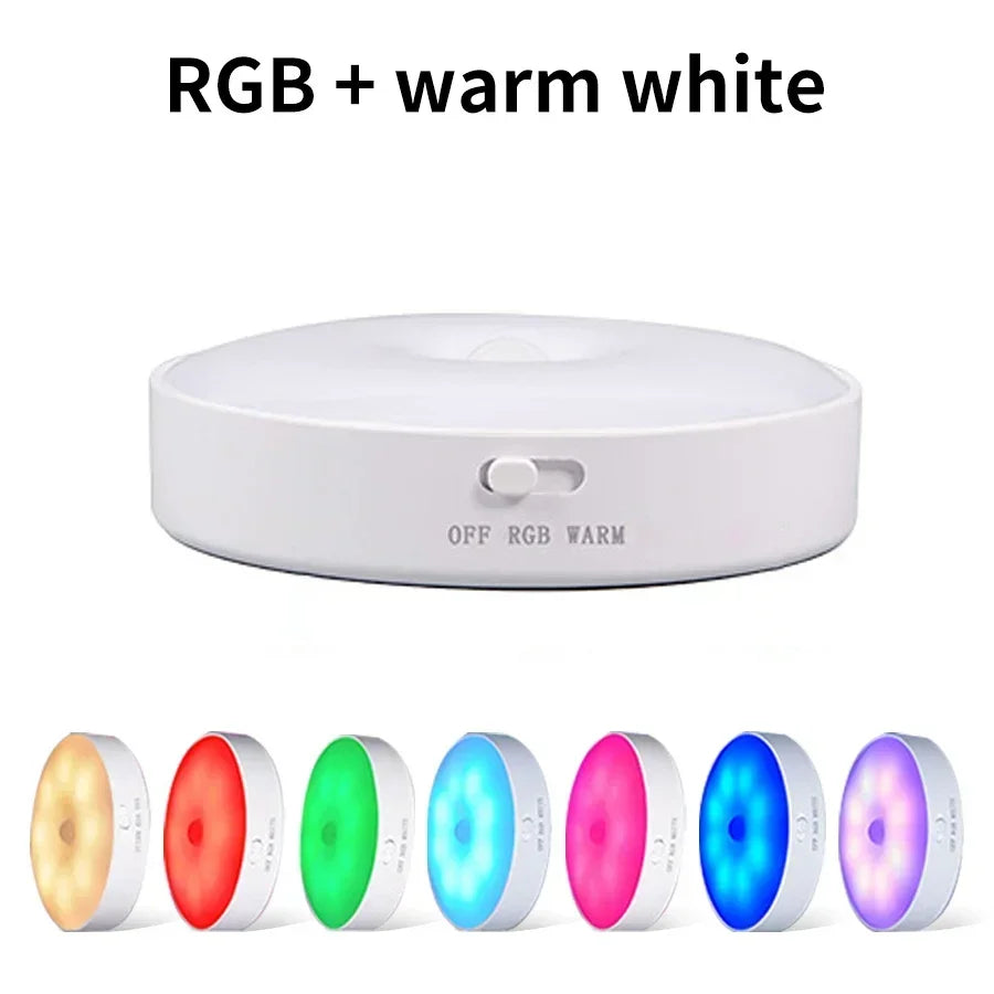 LED Motion Sensor Night Light Round RGB Cold Warm Light Magnetic Closet Light Living Room Kitchen Bedroom Night Ambient Lights