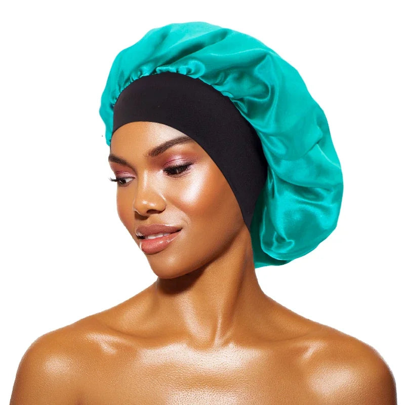 Women's satin solid color sleep cap wide brim, night shower bonnet with elastic band,unisex hair protection for sleeping&bathing