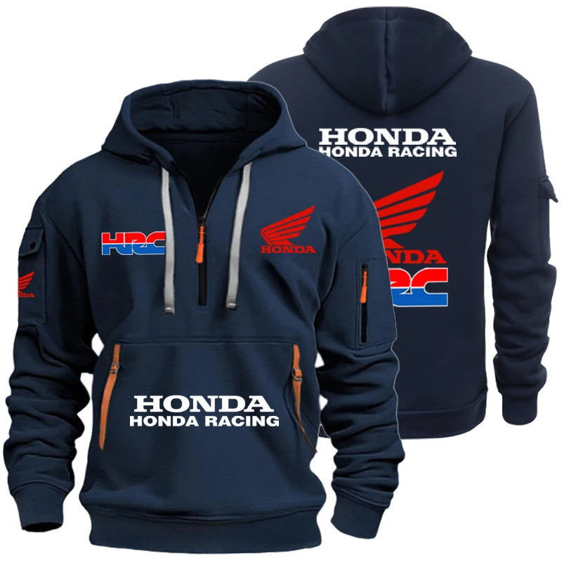 Honda Men's Racing Cap Hoodie for Outdoor Leisure Sports - Spring/Summer Season - Multi-Pockets - Half-Zip Hooded Sweatshirt