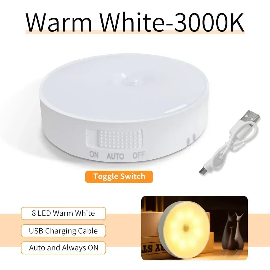 LED Motion Sensor Night Light Round RGB Cold Warm Light Magnetic Closet Light Living Room Kitchen Bedroom Night Ambient Lights