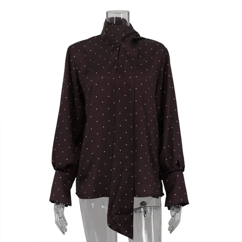 Satin Shirt for Women Autumn Elegant Dot Print Long Lantern Sleeve Stand Collar Loose Office Lady T-shirt Celebrity Top