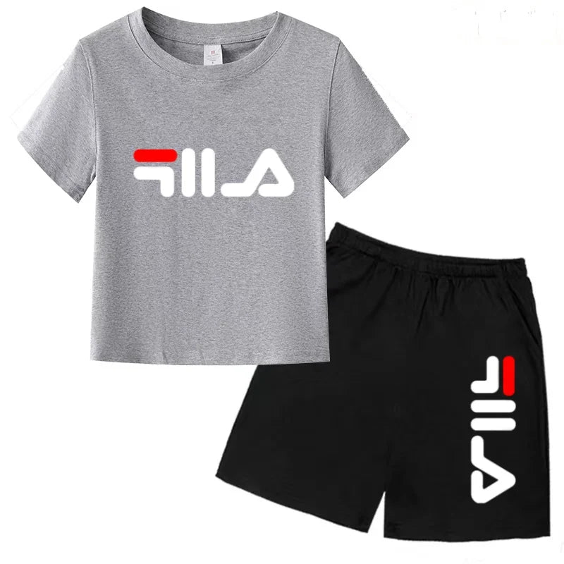 Boys and girls summer casual suit, printed soft cotton T-shirt with adjustable elastic shorts, sports and casual two-piece