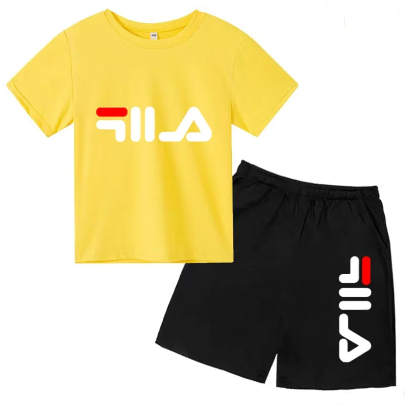 Boys and girls summer casual suit, printed soft cotton T-shirt with adjustable elastic shorts, sports and casual two-piece