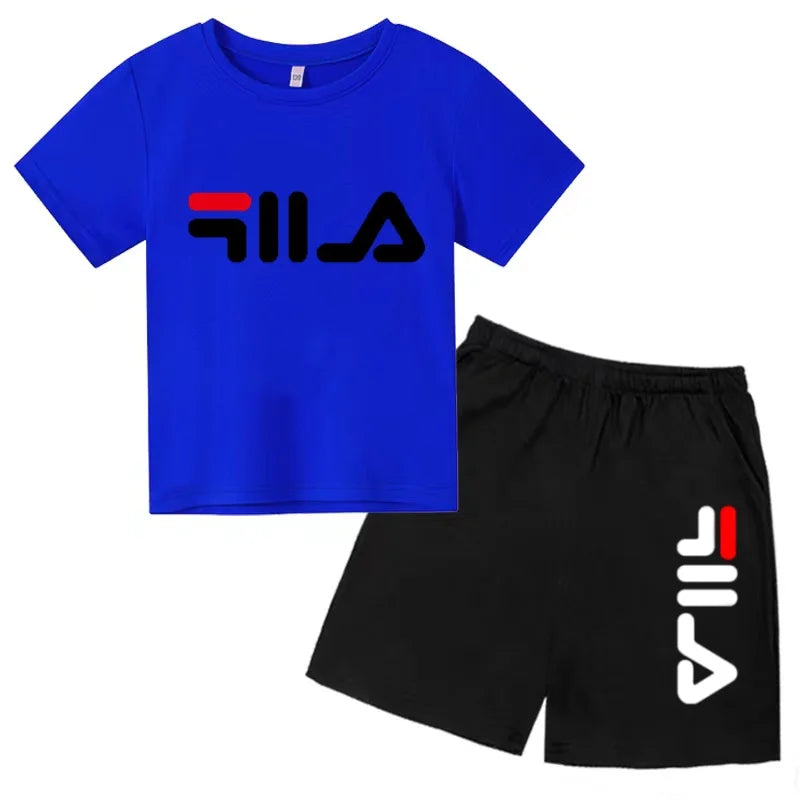 Boys and girls summer casual suit, printed soft cotton T-shirt with adjustable elastic shorts, sports and casual two-piece