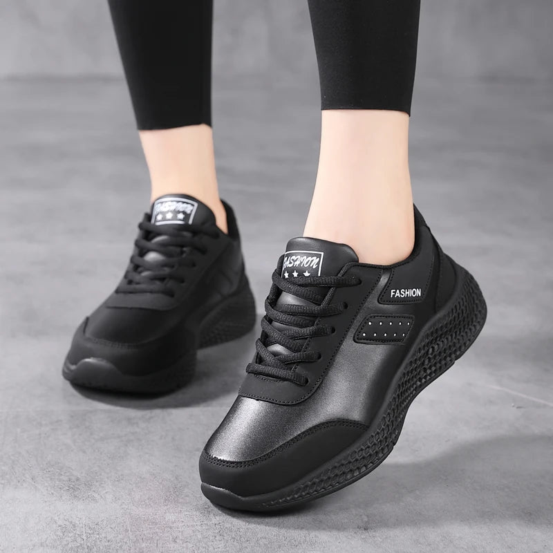 Spring and autumn women's shoes, air cushion, leather surface, waterproof, lightweight, non-slip sports shoes, thick-soled lace-