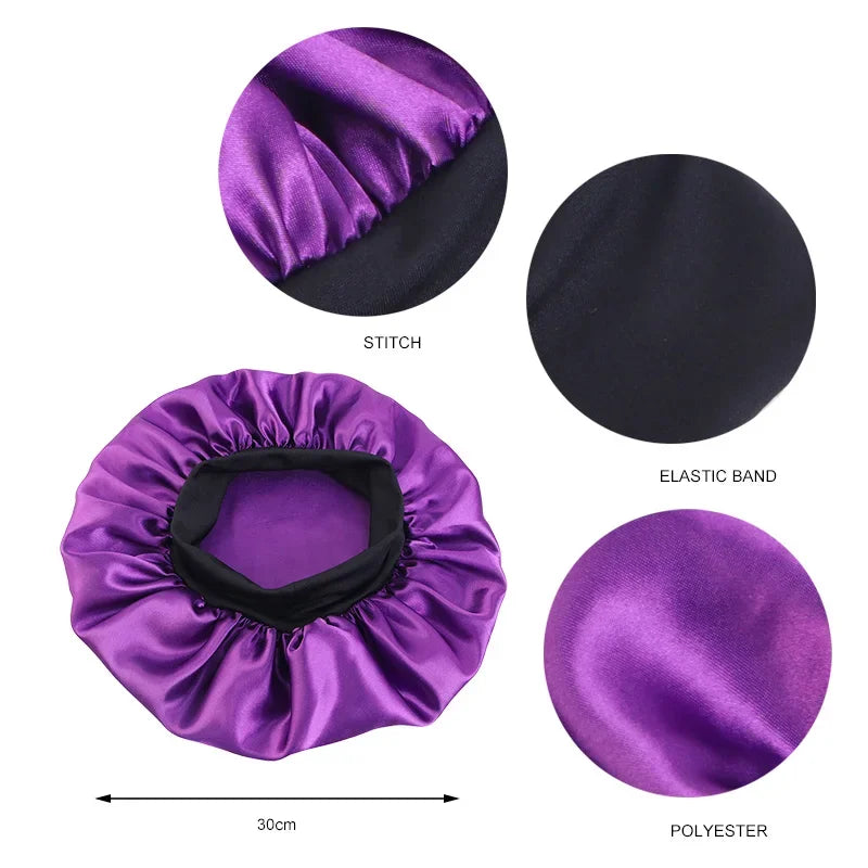 Women's satin solid color sleep cap wide brim, night shower bonnet with elastic band,unisex hair protection for sleeping&bathing