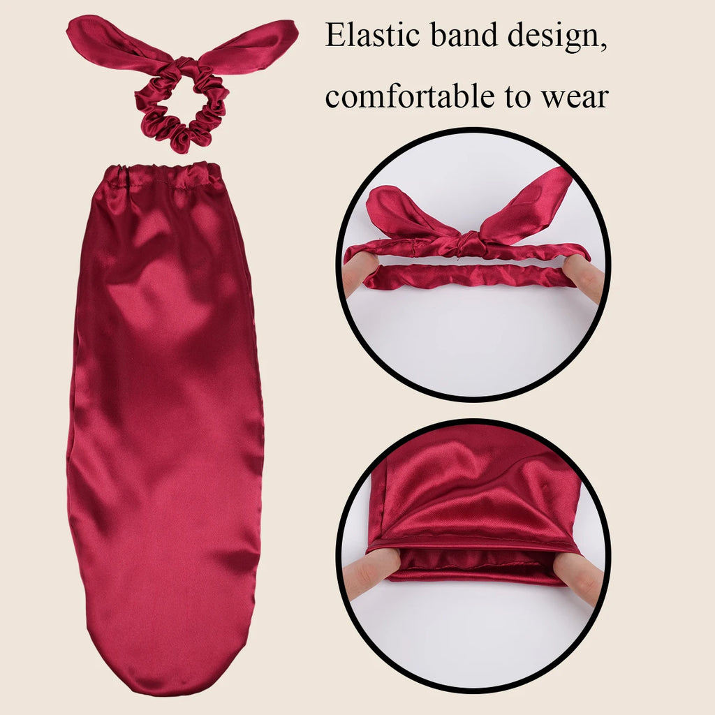Satin Sleep Cap with Hair Bow Scrunchies, Soft Long Hair Bonnet for Long Hair, Hair Protector for Daily Use & Nighttime