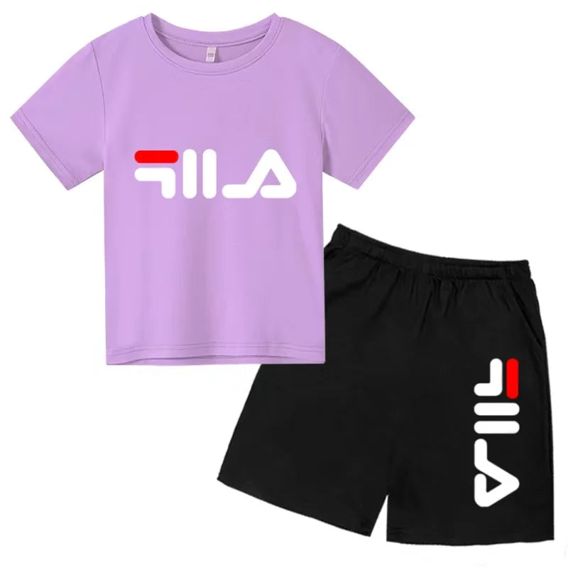 Boys and girls summer casual suit, printed soft cotton T-shirt with adjustable elastic shorts, sports and casual two-piece