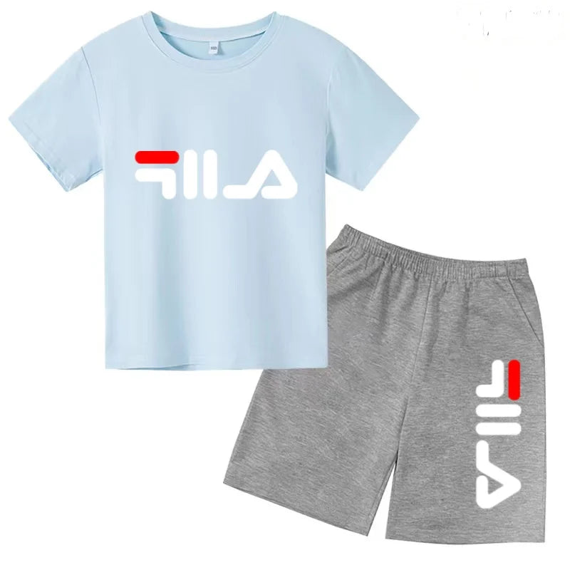 Boys and girls summer casual suit, printed soft cotton T-shirt with adjustable elastic shorts, sports and casual two-piece