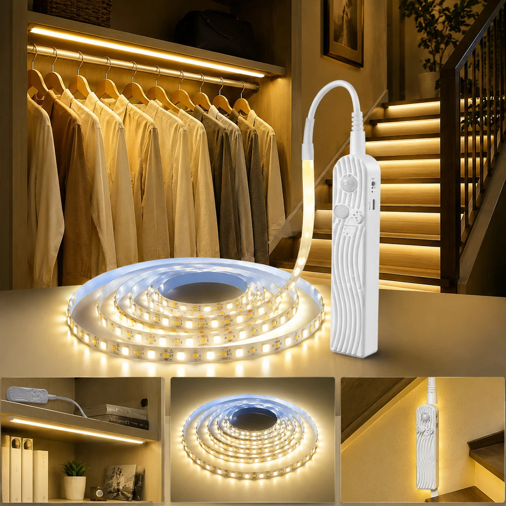 LED Motion Sensor Strip Light 1/3/5M LED Closet Light Battery Powered Wall Light for TV Beds Stair Cabinets Home Decoration