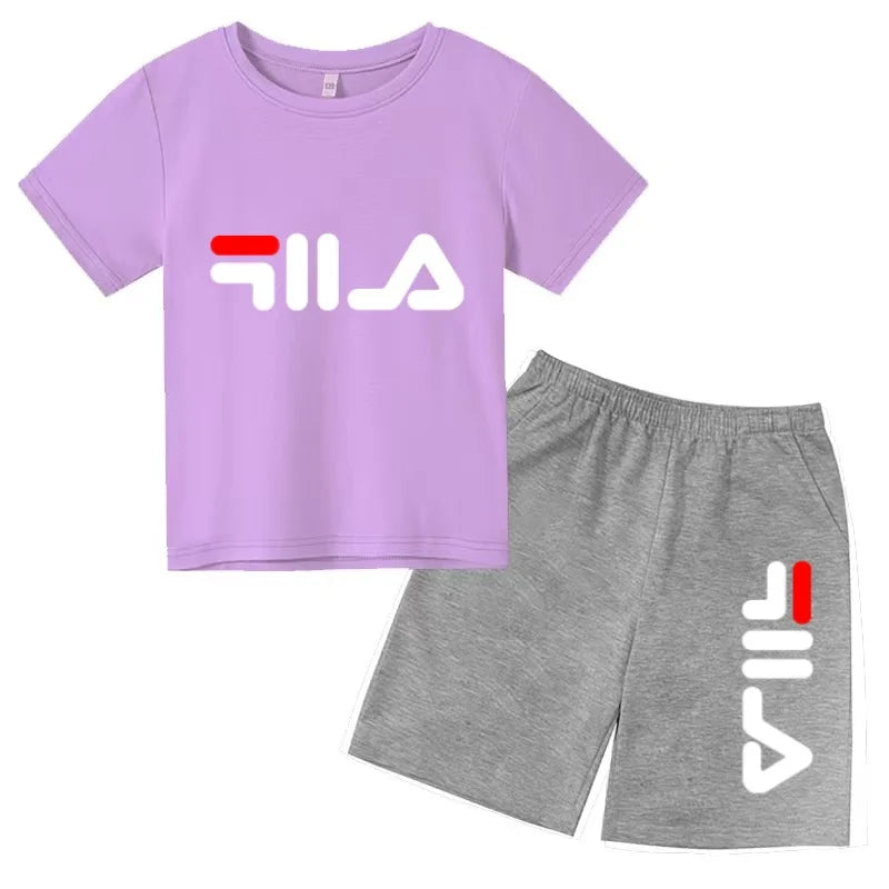Boys and girls summer casual suit, printed soft cotton T-shirt with adjustable elastic shorts, sports and casual two-piece