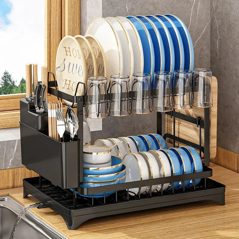 Kitchen Dish Drying Drain Rack Countertop Storage Rack with Cup Dish Knife Chopsticks Holder Home Kitchen Organizer