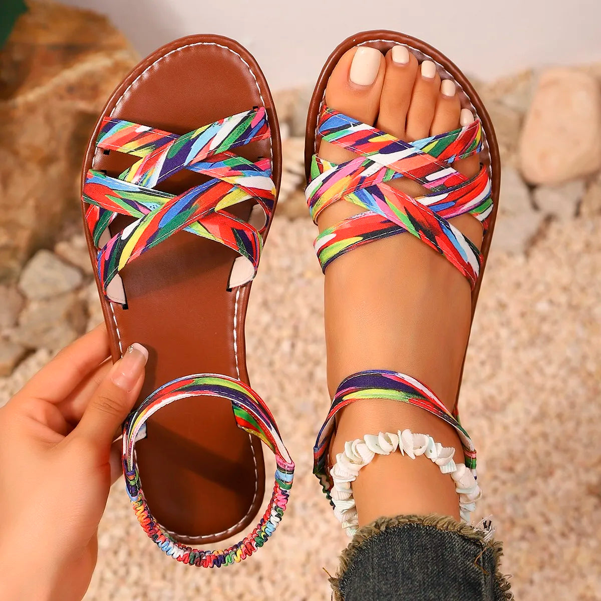 Shoes for Women 2026 Summer New Women Flat Sandals Bottom Roman Strap Sandals with Non Slip Rubber Soles Ladies Daily Sandalia