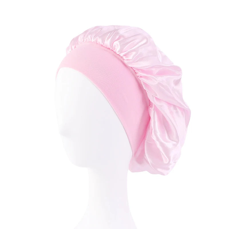 Women's satin solid color sleep cap wide brim, night shower bonnet with elastic band,unisex hair protection for sleeping&bathing