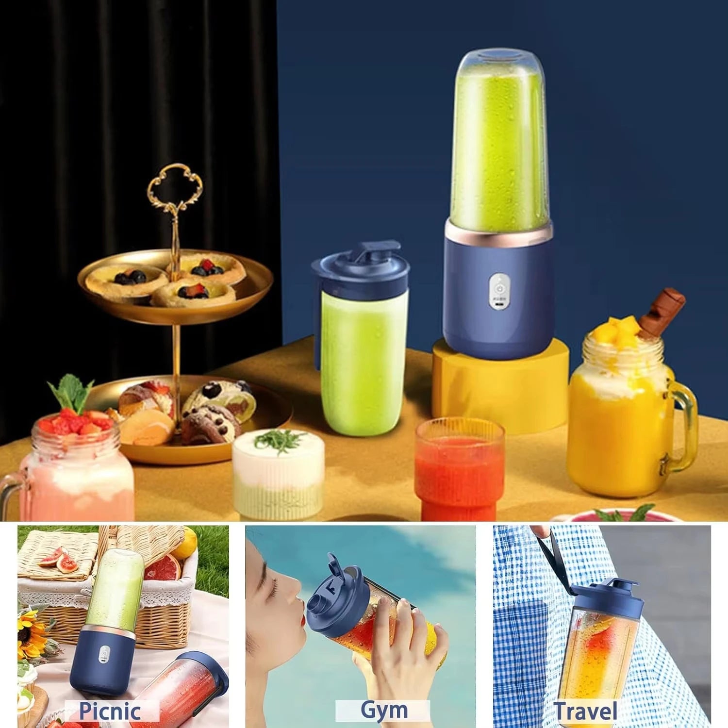 Portable USB Personal Mini Juicer Cup Handheld Travel Blender Single and Double Cups Design for Easy Use with Water Bottles