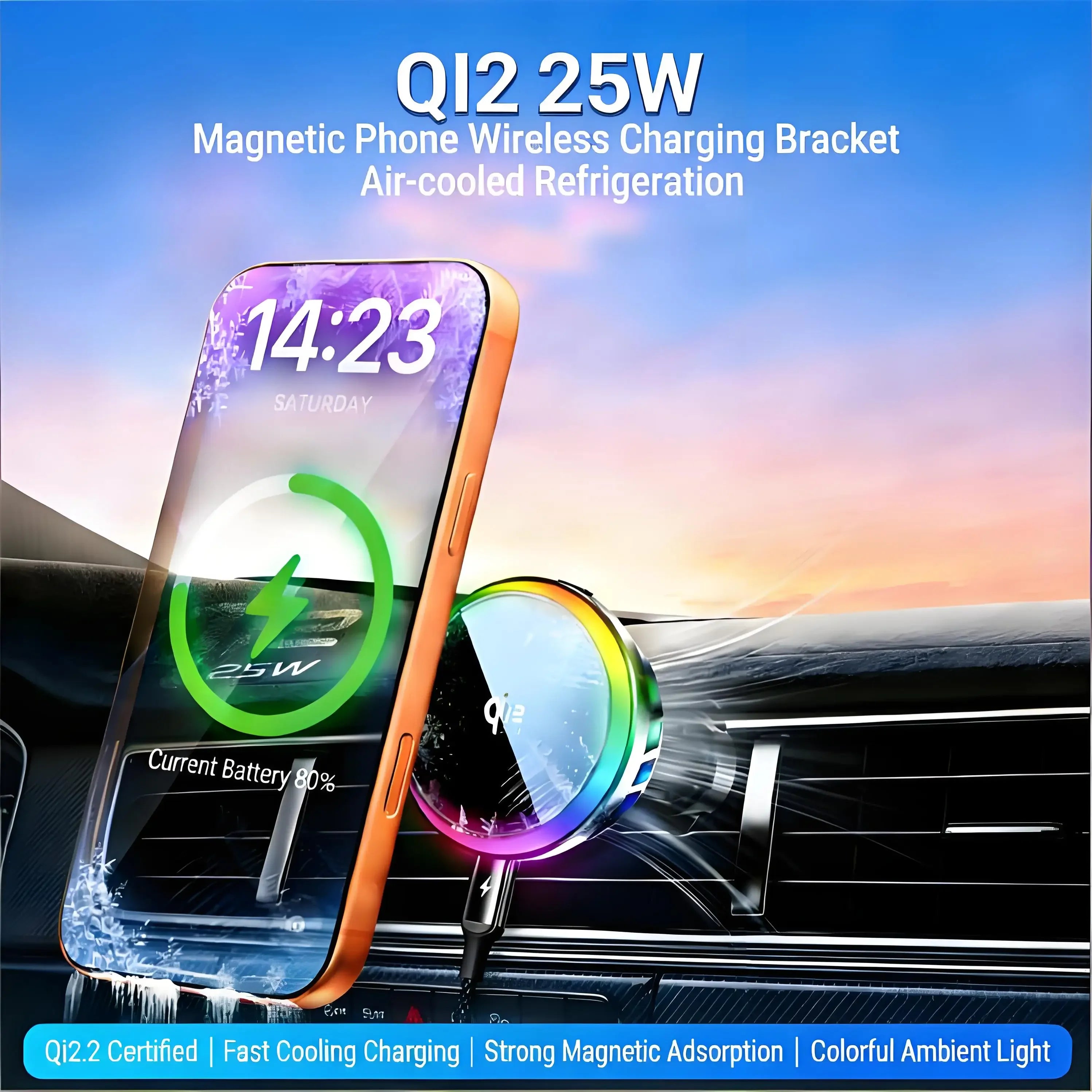 25W Magnetic Wireless Car Charger Fast Charging Air Vent Phone Holder Stand Air Cooling RGB Light Phone Bracket Car Accessories