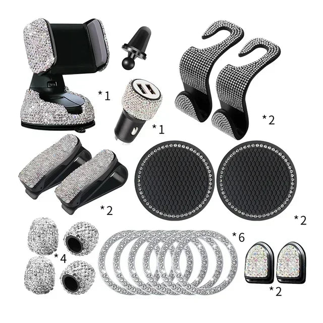Set of 20 Shiny Crystal Car Accessories Kit for Women Car Phone Holder Mount ,Car Monitor Glasses Holders ,Car Drink Coasters