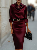 Satin Cowl Neck Shirt Dress With Belt Long Sleeve Bodycon Midi Dress For Women Elegant Casual Party Evening Gown