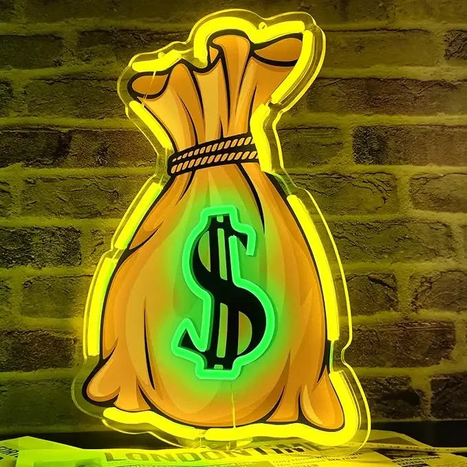 Money Bag with Dollar Sign Neon Sign Motivating LED Wall Light for Home Office Gameroom Bar Decor Wealth Theme Ambiance Lighting