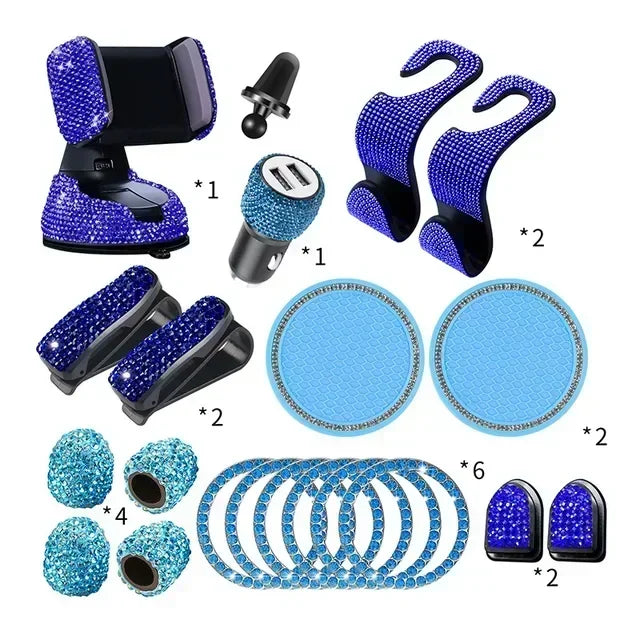 Set of 20 Shiny Crystal Car Accessories Kit for Women Car Phone Holder Mount ,Car Monitor Glasses Holders ,Car Drink Coasters