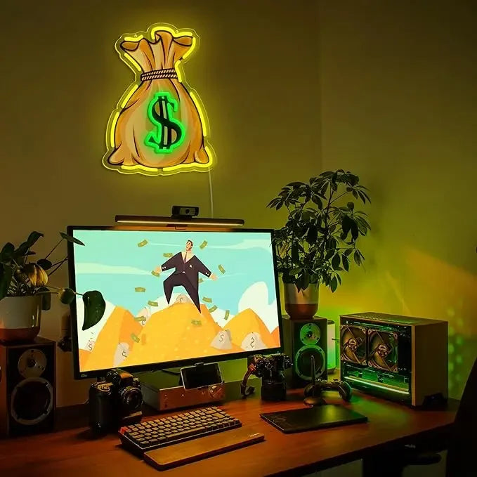 Money Bag with Dollar Sign Neon Sign Motivating LED Wall Light for Home Office Gameroom Bar Decor Wealth Theme Ambiance Lighting