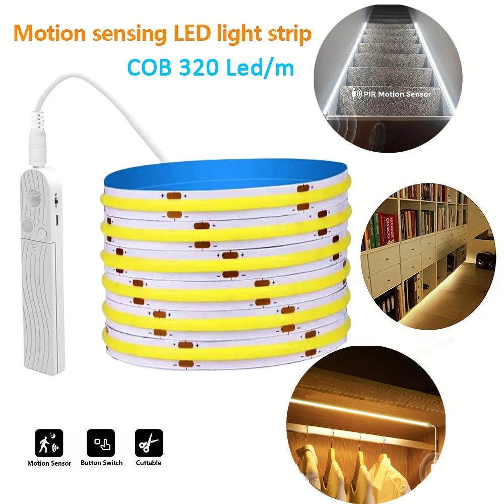 Motion Sensor Led Lights Strip Battery Powered COB Led Strip Lights for Stair Bedroom Night Lighting 320 Leds/m