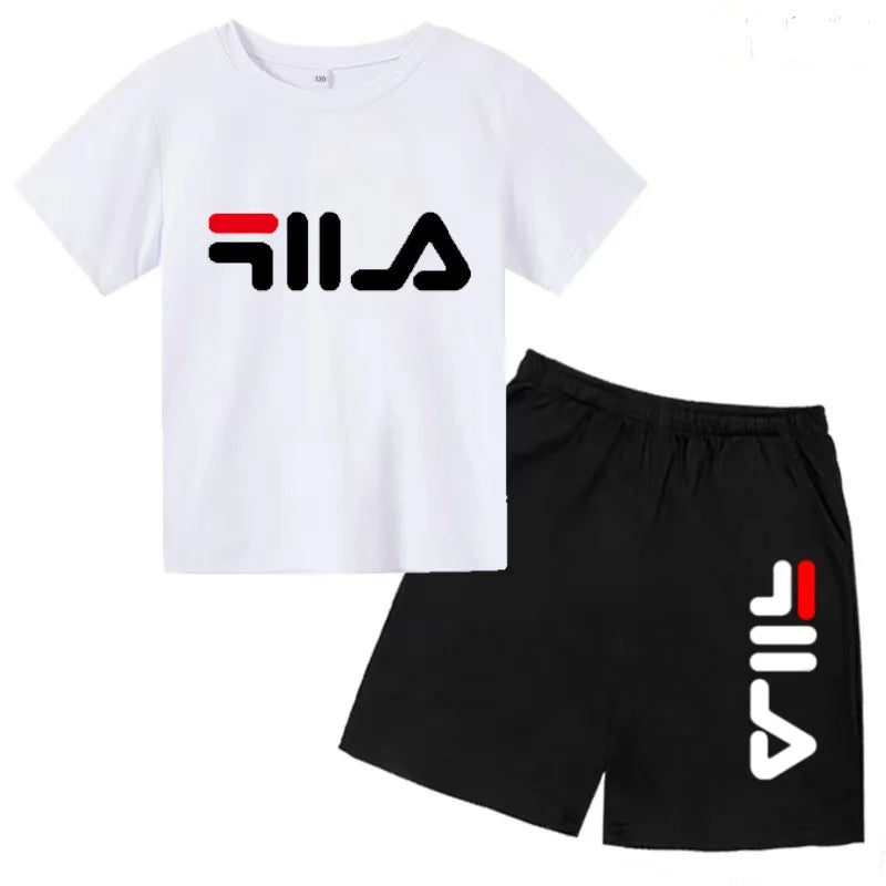 Boys and girls summer casual suit, printed soft cotton T-shirt with adjustable elastic shorts, sports and casual two-piece