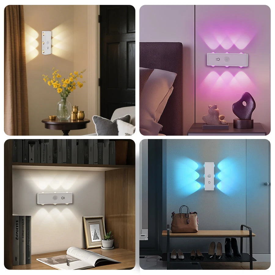 6Leds Double-head Motion Sensor Light 3Colors/RGB Night Light USB Rechargeable Magnetic Wall Lamp Touch Dimming Bedside Lighting