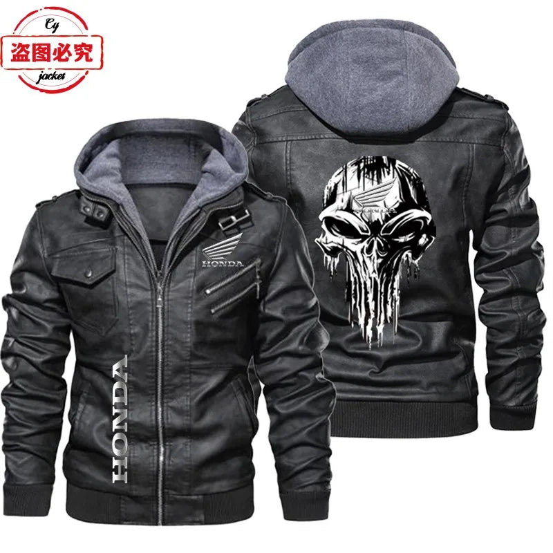 Honda Motorcycle Logo Printed Retro Washed Pu Leather Jacket Windproof Men's Hooded Jacket Honda Leather Jacket Honda Wing Logo