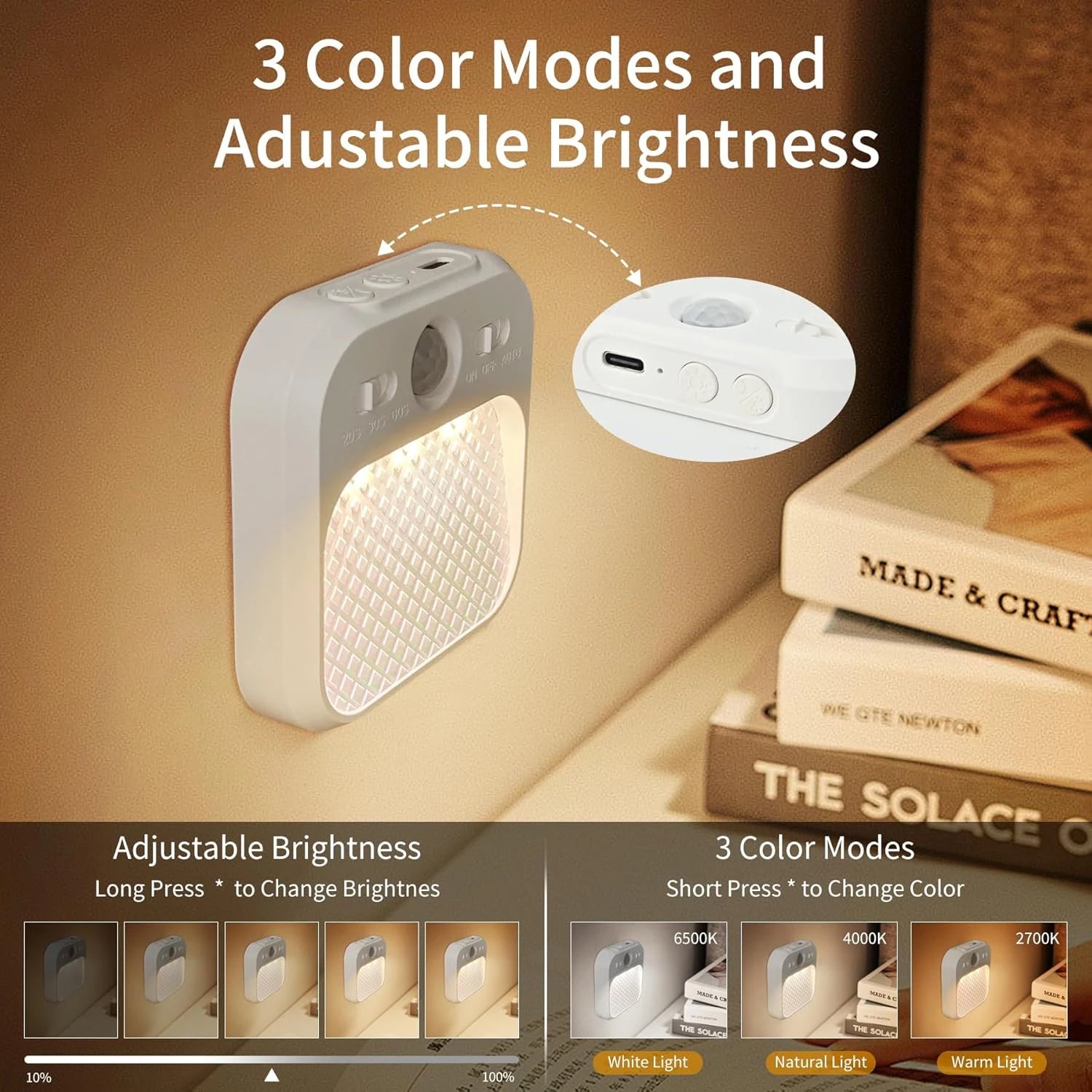 1pc/2pcs Rechargeable Motion Sensor LED Night Lights Dimmable Cabinet Lighting with Adjustable Timer 3 Color Temperatures Ideal