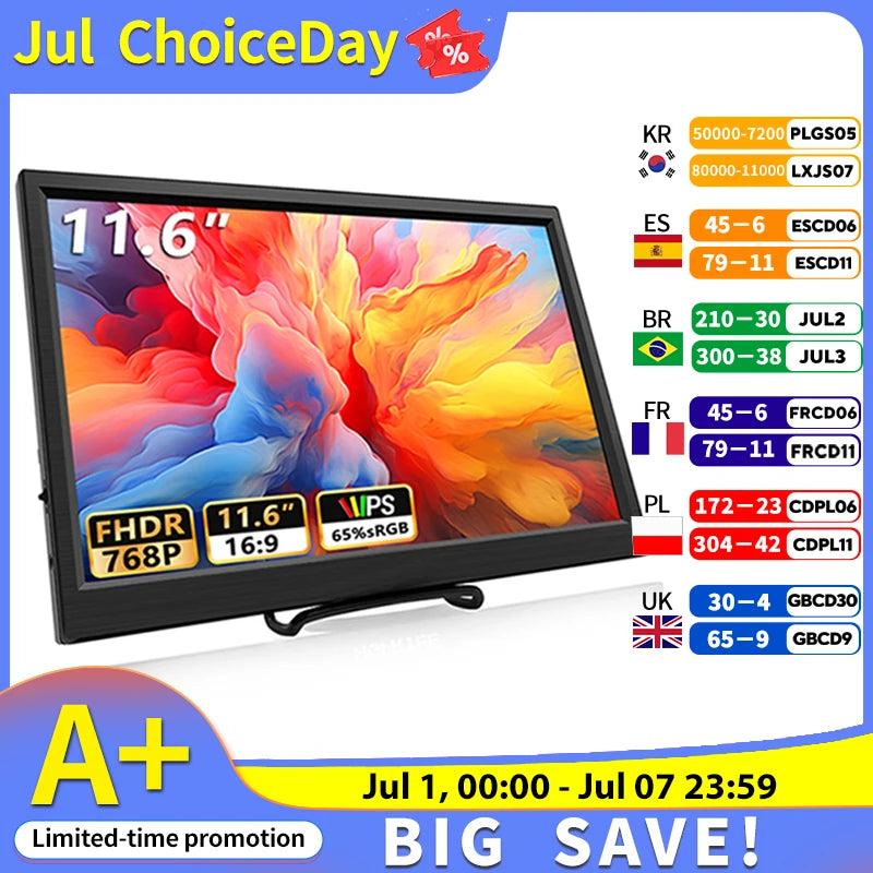 11.6 Inch Portable Monitor HDMI-Compatible Laptop second screen Gaming Extended Display For Switch/PS4/Xbox/Raspberry Pi