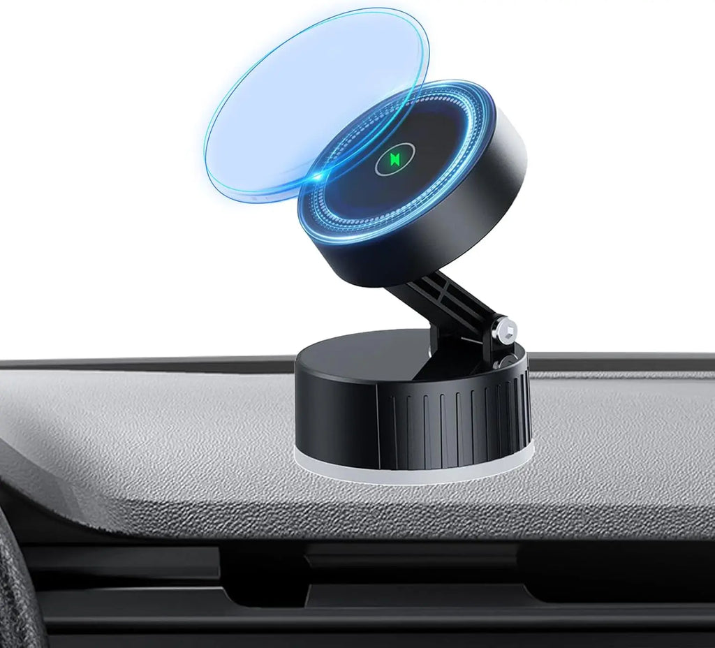 15W Fast Wireless Magnetic Charger Car Phone Holder Mount with Strong Vacuum Suction Adjustable Foldable Stand for Iphone 16 15