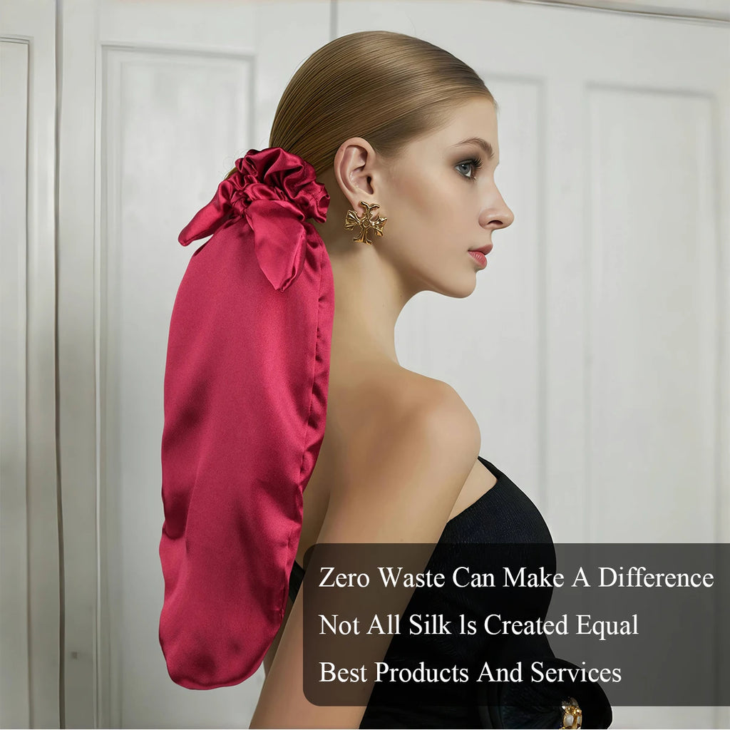 Satin Sleep Cap with Hair Bow Scrunchies, Soft Long Hair Bonnet for Long Hair, Hair Protector for Daily Use & Nighttime