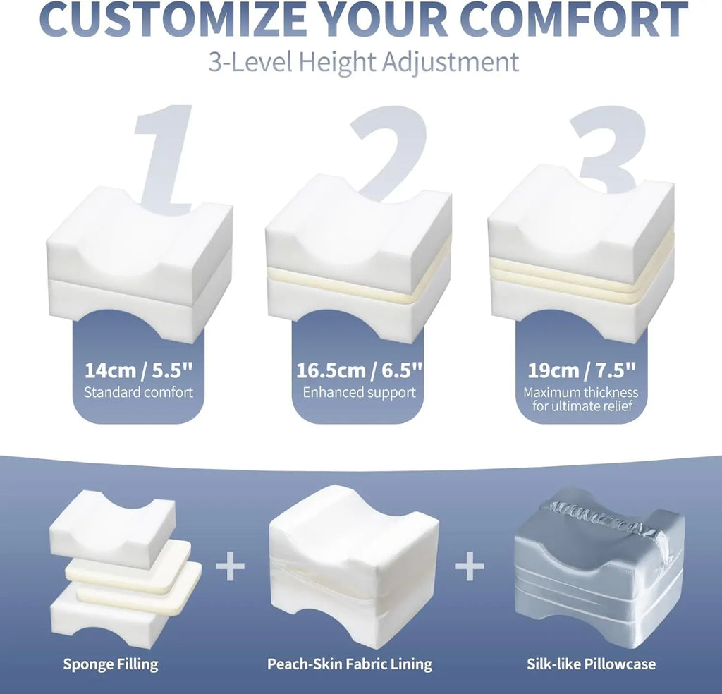 Side Sleeper Knee Pillow with Satin Cover, Adjustable Design Relieves Hip Back Pain & Supports Spine Alignment