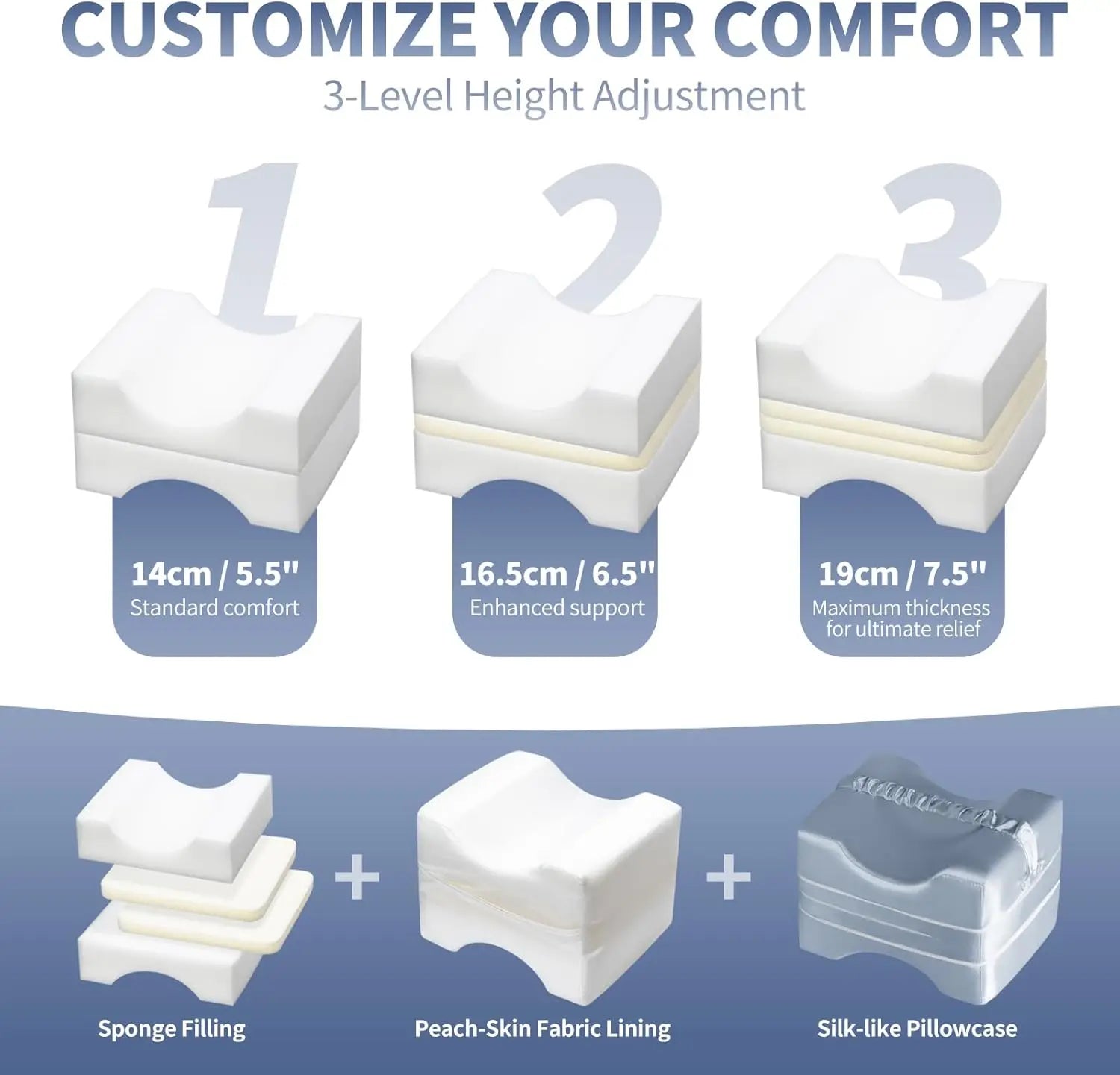 Side Sleeper Knee Pillow with Satin Cover, Adjustable Design Relieves Hip Back Pain & Supports Spine Alignment