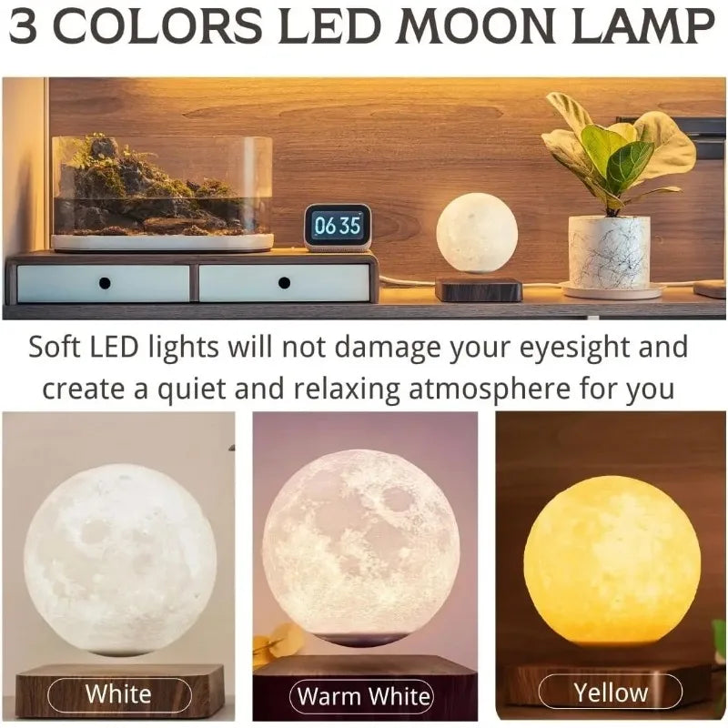 Levitating Moon Lamp, Magnetic Floating Moon Lamp Spinning Luna Night Light with 3 Color Modes for Home Office Desk Decor
