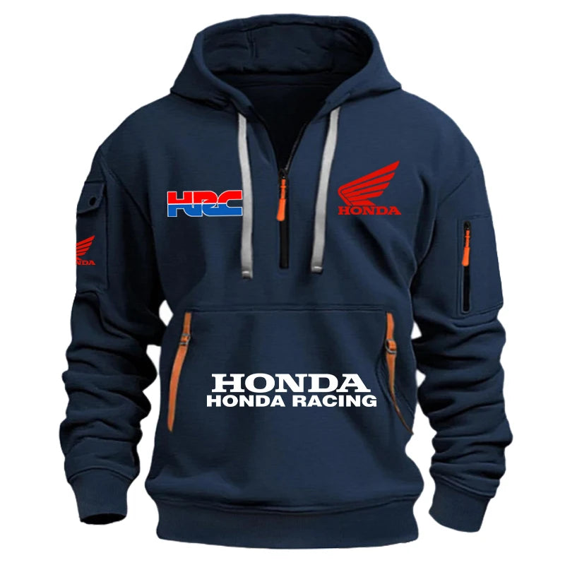 Honda Men's Racing Cap Hoodie for Outdoor Leisure Sports - Spring/Summer Season - Multi-Pockets - Half-Zip Hooded Sweatshirt