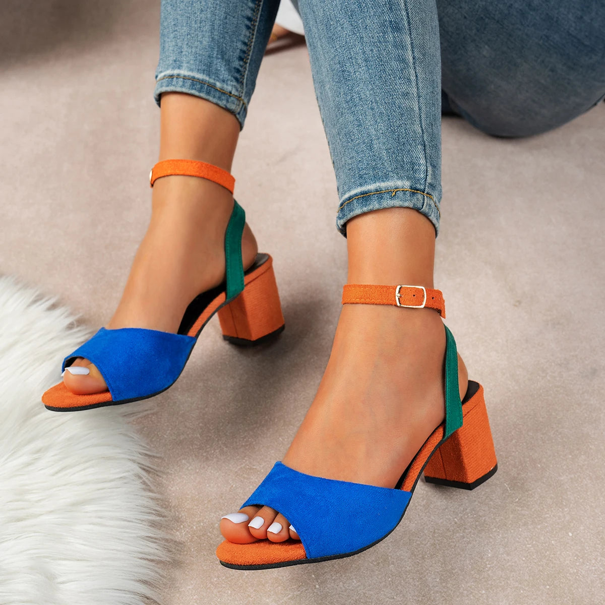 Women Sandals European American Colored Plus Size High-heeled Shoes for Women 2025 New Round Toe Fashionable Thick Heel Sandals