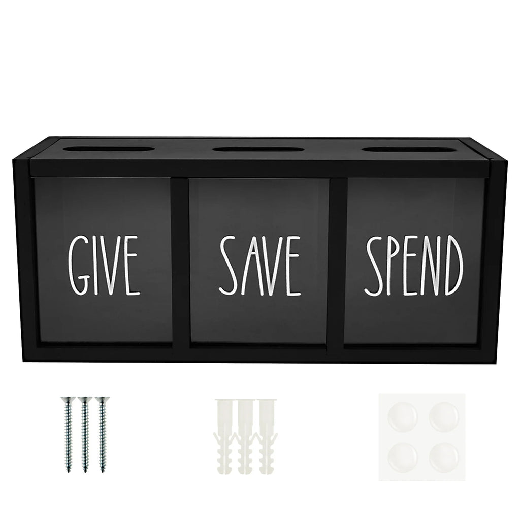 3 Grids Wall-mounted Save Spend Bank Visualized Money Saving Box Wooden Piggy Bank Give Save Spend Money Boxes for Kids Adults