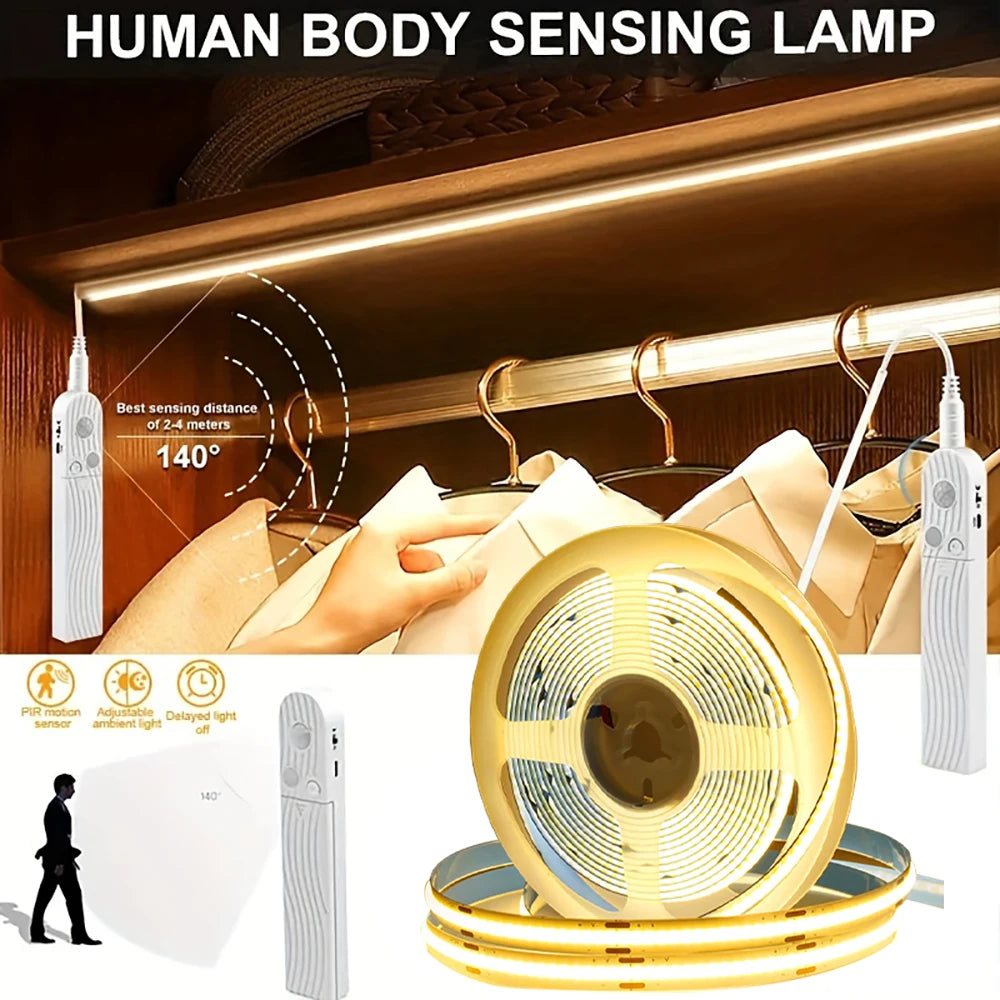 Motion Sensor Led Lights Strip Battery Powered COB Led Strip Lights for Stair Bedroom Night Lighting 320 Leds/m