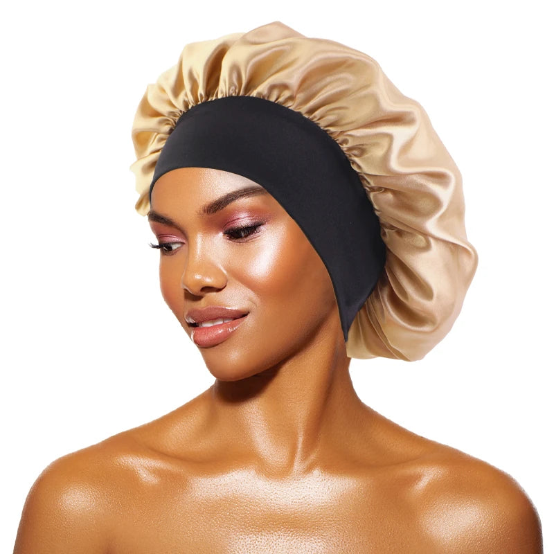 Women's satin solid color sleep cap wide brim, night shower bonnet with elastic band,unisex hair protection for sleeping&bathing