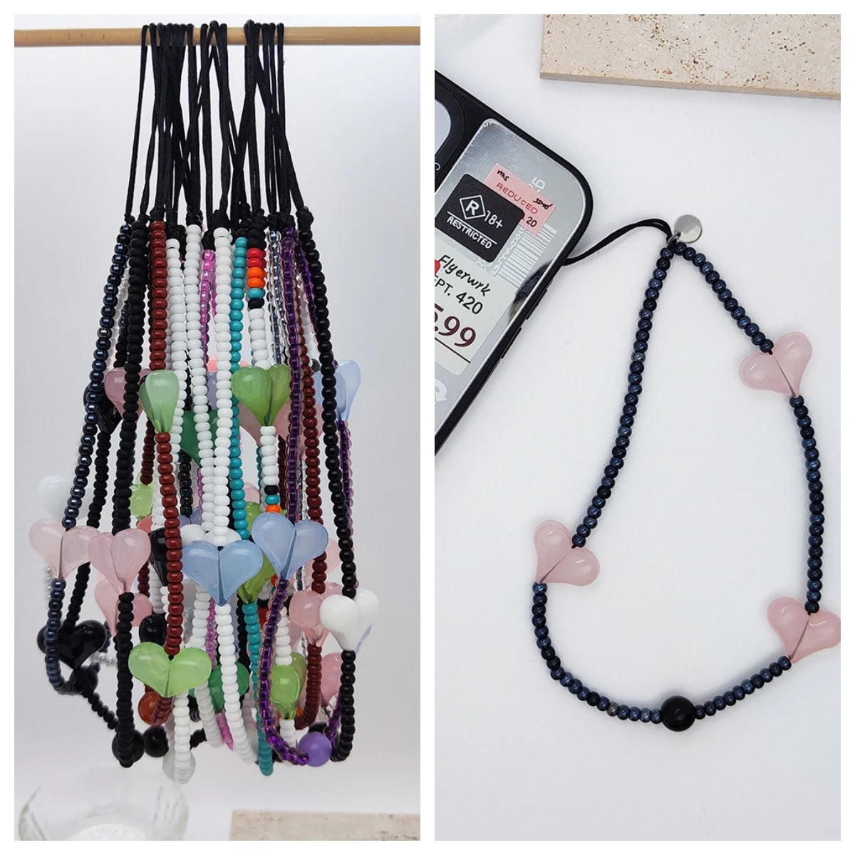 KKBEAD Kpop Black Matte Beads Phone Charm Pink Heart Strap Jewelry Korean Stars Phone Chains Lanyard Cellphone Accessories