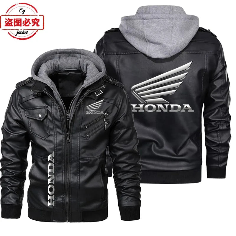 Honda Motorcycle Logo Printed Retro Washed Pu Leather Jacket Windproof Men's Hooded Jacket Honda Leather Jacket Honda Wing Logo