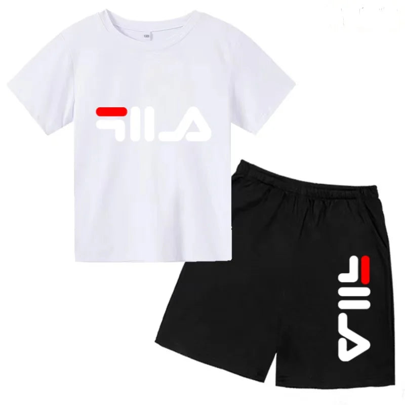 Boys and girls summer casual suit, printed soft cotton T-shirt with adjustable elastic shorts, sports and casual two-piece
