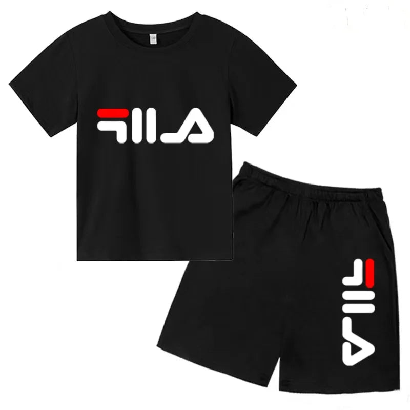 Boys and girls summer casual suit, printed soft cotton T-shirt with adjustable elastic shorts, sports and casual two-piece