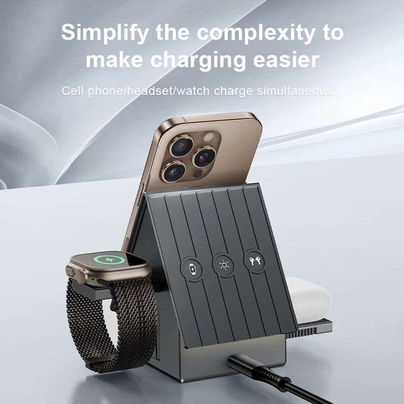 Multifunctional Wireless Charger Stand with 3-in-1electric Retractable,fast15W,type-c Wireless Charging,Warm White Ambient Light