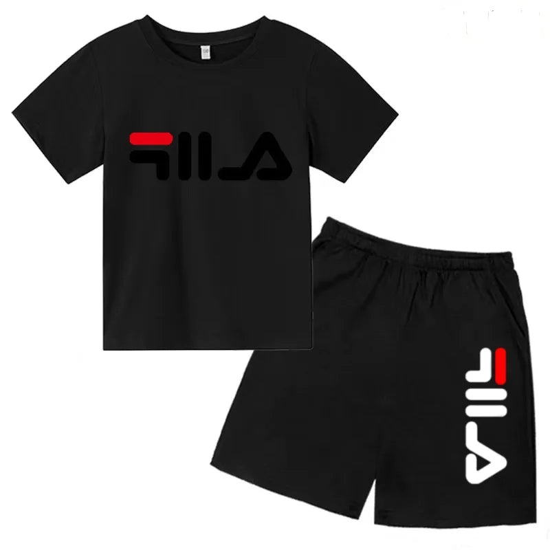 Boys and girls summer casual suit, printed soft cotton T-shirt with adjustable elastic shorts, sports and casual two-piece