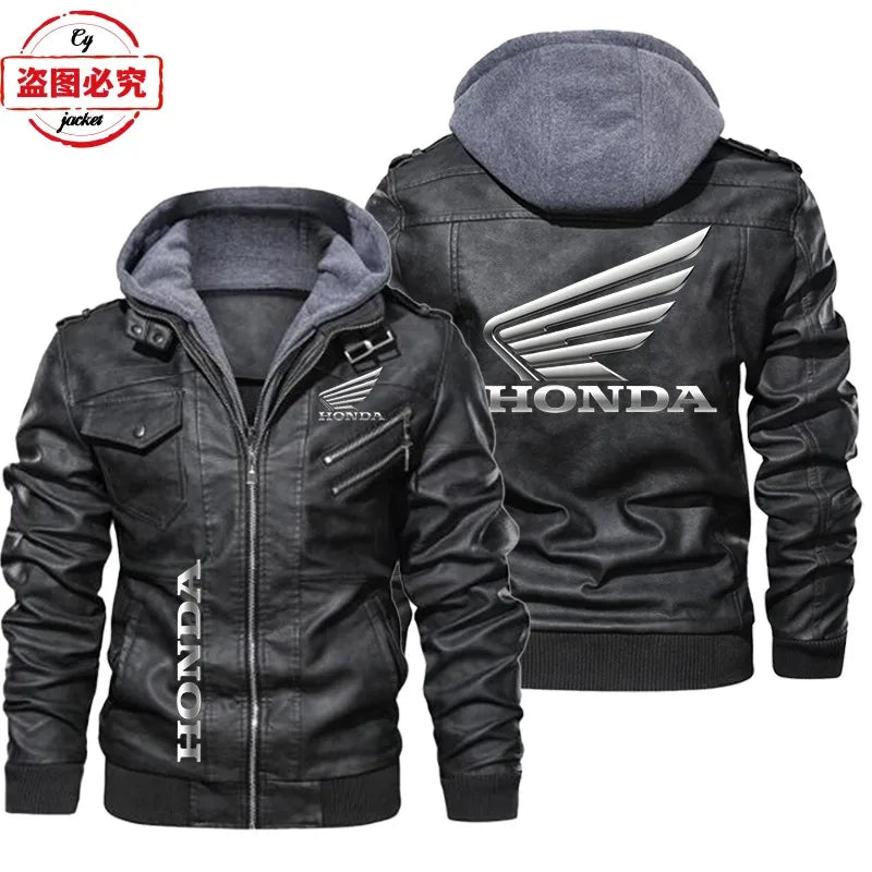 Honda Motorcycle Logo Printed Retro Washed Pu Leather Jacket Windproof Men's Hooded Jacket Honda Leather Jacket Honda Wing Logo