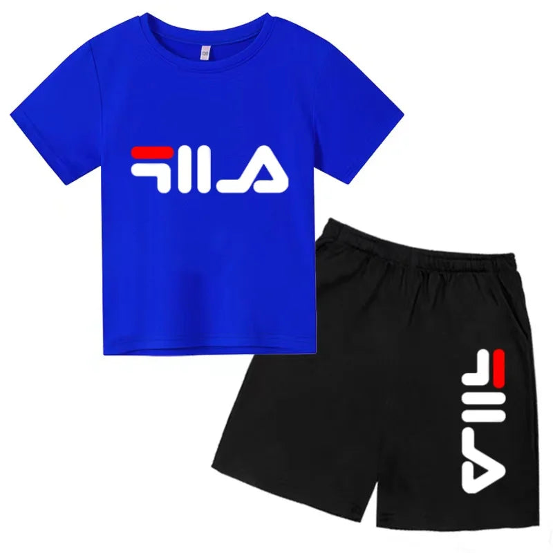 Boys and girls summer casual suit, printed soft cotton T-shirt with adjustable elastic shorts, sports and casual two-piece